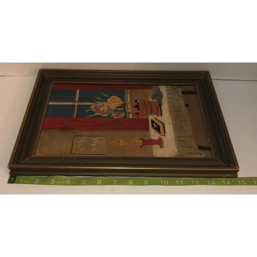 VTG 60s 70s STILL LIFE Bible Flowers Table Candle Christian Cross Stitch Framed